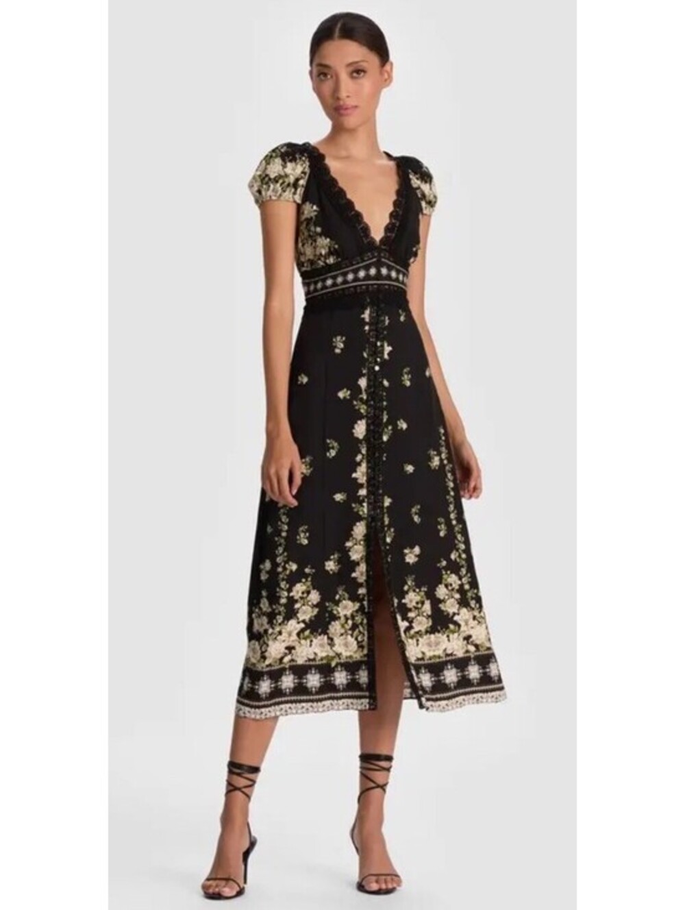 New ALICE + OLIVIA Lace-trimmed floral-print crepe midi dress Black Green 6 $695